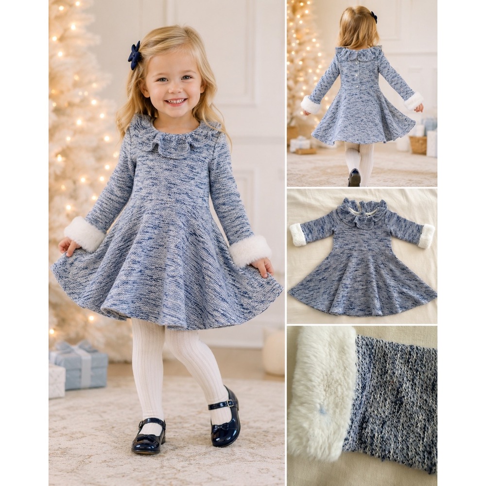 Janie and Jack Girls Size 4 Blue Sparkle Knit Ruffle Dress Faux Fur Cuffs
